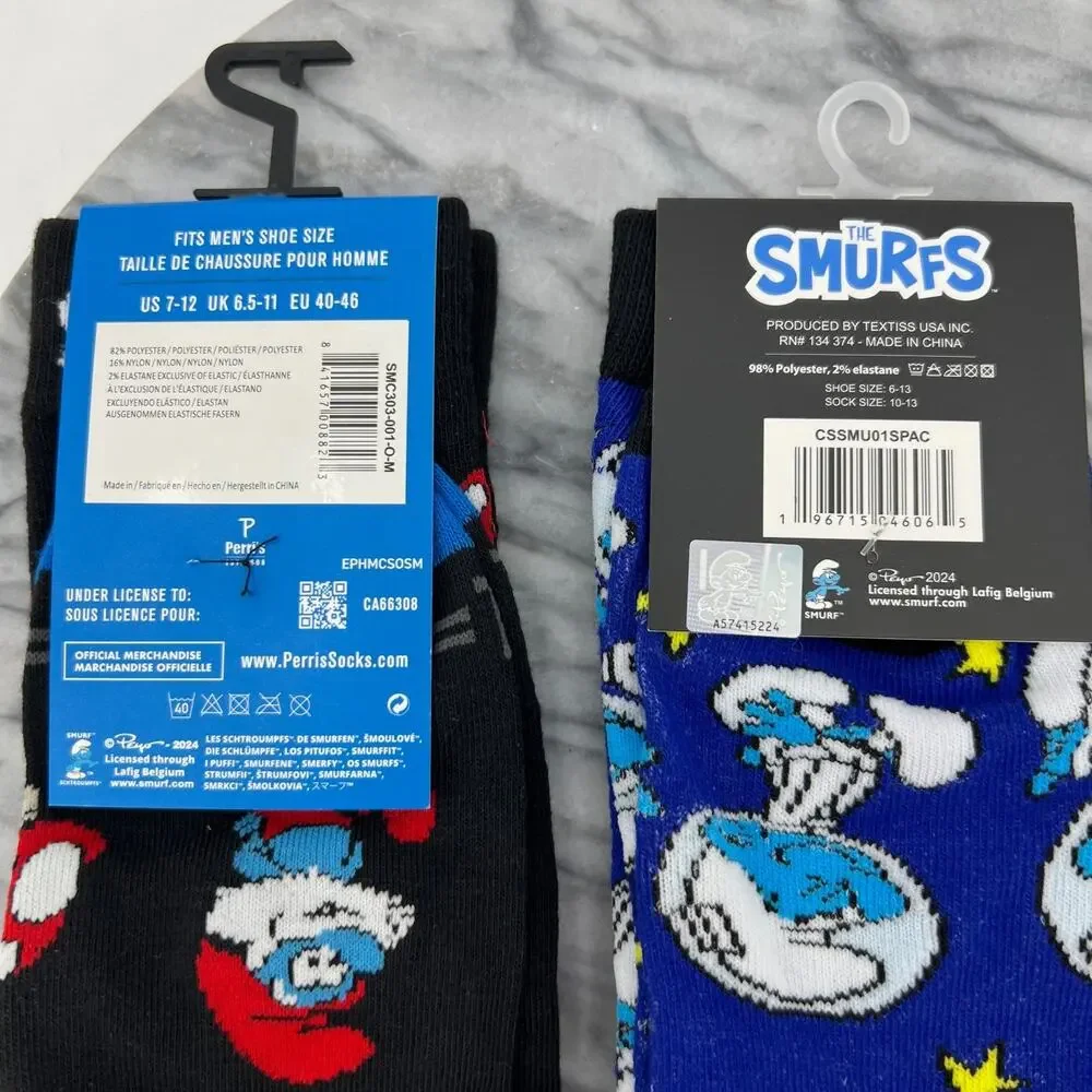 The Smurfs Socks Mens OSFM (6-12) Novelty 90s Cartoon Funny Crew 3 Pairs